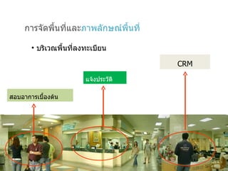 การจัดพื้นที่และ ภาพลักษณ์พื้นที่ บริเวณพื้นที่ลงทะเบียน สอบอาการเบื้องต้น CRM แจ้งประวัติ 