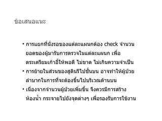 ข้อเสนอแนะ การแยกที่นั่งรอของแต่ละแผนกต้อง  check  จำนวน ยอดของผู้มารับการตรวจในแต่ละแผนก เพื่อ  ตระเตรียมเก้าอี้ให้พอดี ไม่ขาด ไม่เกินความจำเป็น การย้ายในส่วนของสูตินรีไปชั้นบน อาจทำให้ผู้ป่วย  ลำบากในการที่จะต้องขึ้นไปบริเวณด้านบน เนื่องจากจำนวนผู้ป่วยเพิ่มขึ้น จึงควรมีการสร้าง ห้องน้ำ กระจายไปยังจุดต่างๆ เพื่อรองรับการใช้งาน 