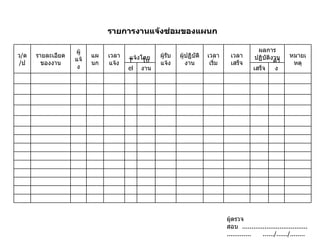ผู้ตรวจสอบ  ................................................  ....../....../........                                                                                                                                                                                                                                                                                                                                                                                                         ค้าง เสร็จ ใบงาน Tel หมายเหตุ ผลการปฏิบัติงาน เวลาเสร็จ เวลาเริ่ม ผู้ปฏิบัติงาน ผู้รับแจ้ง แจ้งโดย เวลาแจ้ง แผนก ผู้แจ้ง รายละเอียดของงาน ว / ด / ป รายการงานแจ้งซ่อมของแผนก 