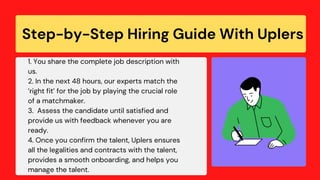 Step-by-Step Hiring Guide With Uplers
1. You share the complete job description with
us.
2. In the next 48 hours, our experts match the
‘right fit’ for the job by playing the crucial role
of a matchmaker.
3. Assess the candidate until satisfied and
provide us with feedback whenever you are
ready.
4. Once you confirm the talent, Uplers ensures
all the legalities and contracts with the talent,
provides a smooth onboarding, and helps you
manage the talent.
 