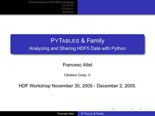 An Introduction to the Python Language
P Y TABLES
CSTABLES
Summary

P Y TABLES & Family
Analyzing and Sharing HDF5 Data with Python

Francesc Altet
Cárabos Coop. V.

HDF Workshop November 30, 2005 - December 2, 2005.

Francesc Altet

P Y TABLES & Family

 