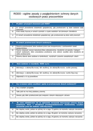 RODO - ogólne zasady z uwzględnieniem ochrony danych
osobowych przez pracowników
1 W jakich sytuacjach stosowane jest RODO?
a) W ramach prowadzenia działalności gospodarczej, gdy przetwarzane są dane osobowe osób
fizycznych.
b) Przez osobę fizyczną w ramach czynności o czysto osobistym lub domowym charakterze
c) W ramach prowadzenia działalności gospodarczej, gdy przetwarzane są dane osób prawnych.
2 W ramach przetwarzania danych osobowych:
a) Możemy przechowywać dane osobowe przez czas nieograniczony z zachowaniem zasad
bezpieczeństwa
b) Musimy stosować zawsze najwyższej klasy zabezpieczenia, niezależnie od sposobu i kategorii
danych osobowych, które pracodawca przetwarza oraz zbierać wszelkie dane niezależne od
celów przetwarzania
c) Możemy zbierać dane osobowe w konkretnych, wyraźnych i prawnie uzasadnionych celach
3 Dane osobowe w rozumieniu RODO są to:
a) informacje o zidentyfikowanej lub możliwej do zidentyfikowania osobie prawnej
b) informacje o zidentyfikowanej lub możliwej do zidentyfikowania osobie fizycznej
c) Odpowiedź a i b są prawidłowe
4 Czy w zawsze należy uzyskiwać zgodę na przetwarzanie danych osobowych?
a) Tak, w każdym przypadku
b) Tylko jeśli nie ma innej podstawy prawnej
c) Zawsze, gdy tylko przetwarzanie jest związane z danymi dotyczącymi zdrowia
5 Ile czasu administrator ma na zgłoszenie naruszenia dotyczącego ochrony danych
osobowych, które z określonym prawdopodobieństwem skutkowałoby ryzykiem
naruszenia praw lub wolności osób fizycznych.
a) Bez zbędnej zwłoki, jednak nie później niż w ciągu 72 godziny od momentu wykrycia naruszenia
b) Bez zbędnej zwłoki, jednak nie później niż w ciągu 48 godzin od momentu wykrycia naruszenia
c) Bez zbędnej zwłoki, jednak nie później niż w ciągu 24 godziny od momentu wykrycia naruszenia
 