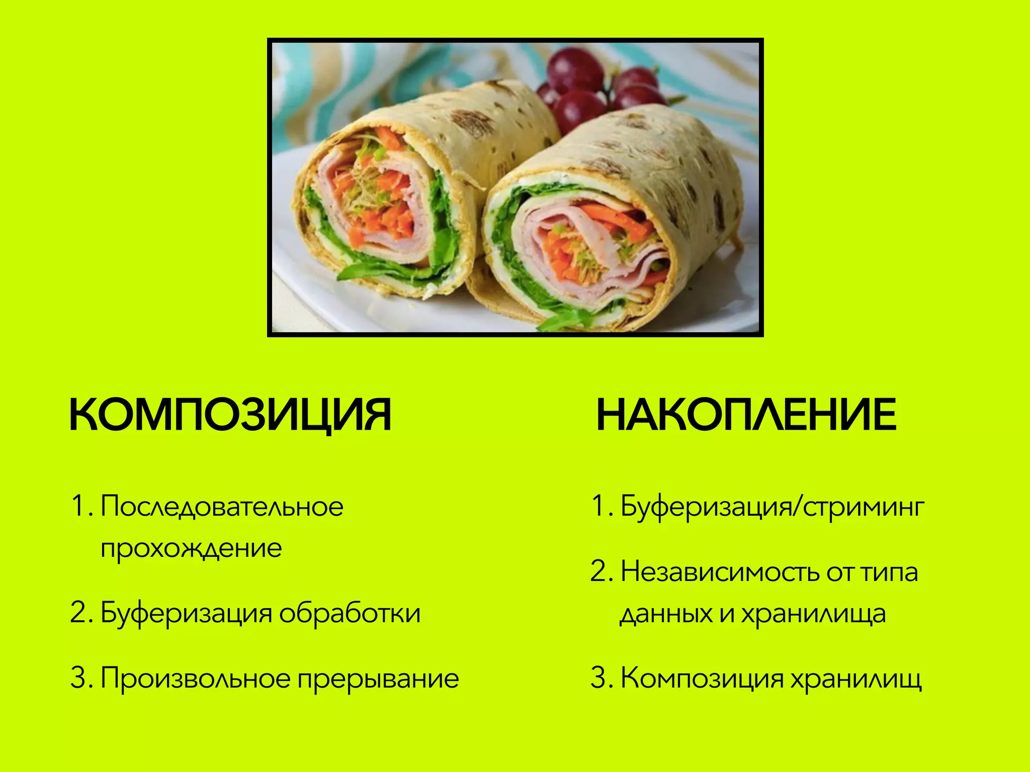 КОМПОЗИЦИЯ
1. Последовательное
прохождение
2. Буферизацияобработки
3. Произвольноепрерывание
1. Буферизация/стриминг
2. Независимость от типа
данныхихранилища
3. Композицияхранилищ
НАКОПЛЕНИЕ
 
