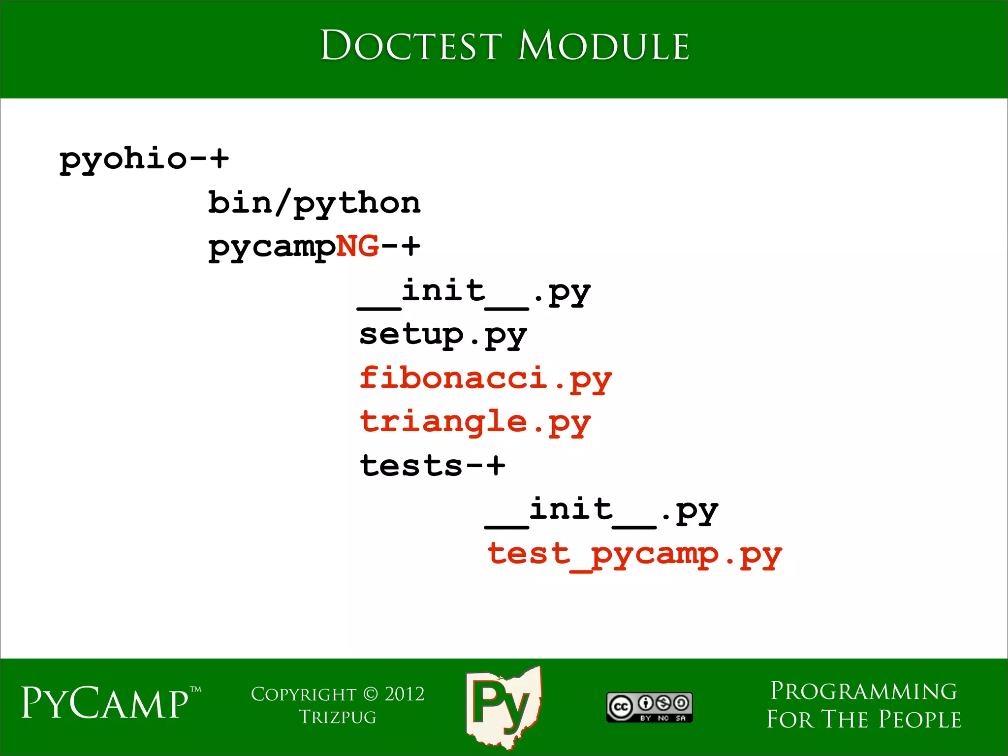 Doctest Module

 pyohio-+
        bin/python
        pycampNG-+
               __init__.py
               setup.py
               fibonacci.py
               triangle.py
               tests-+
                     __init__.py
                     test_pycamp.py


                                  Programming
PyCamp™   Copyright © 2012
              Trizpug             For The People
 