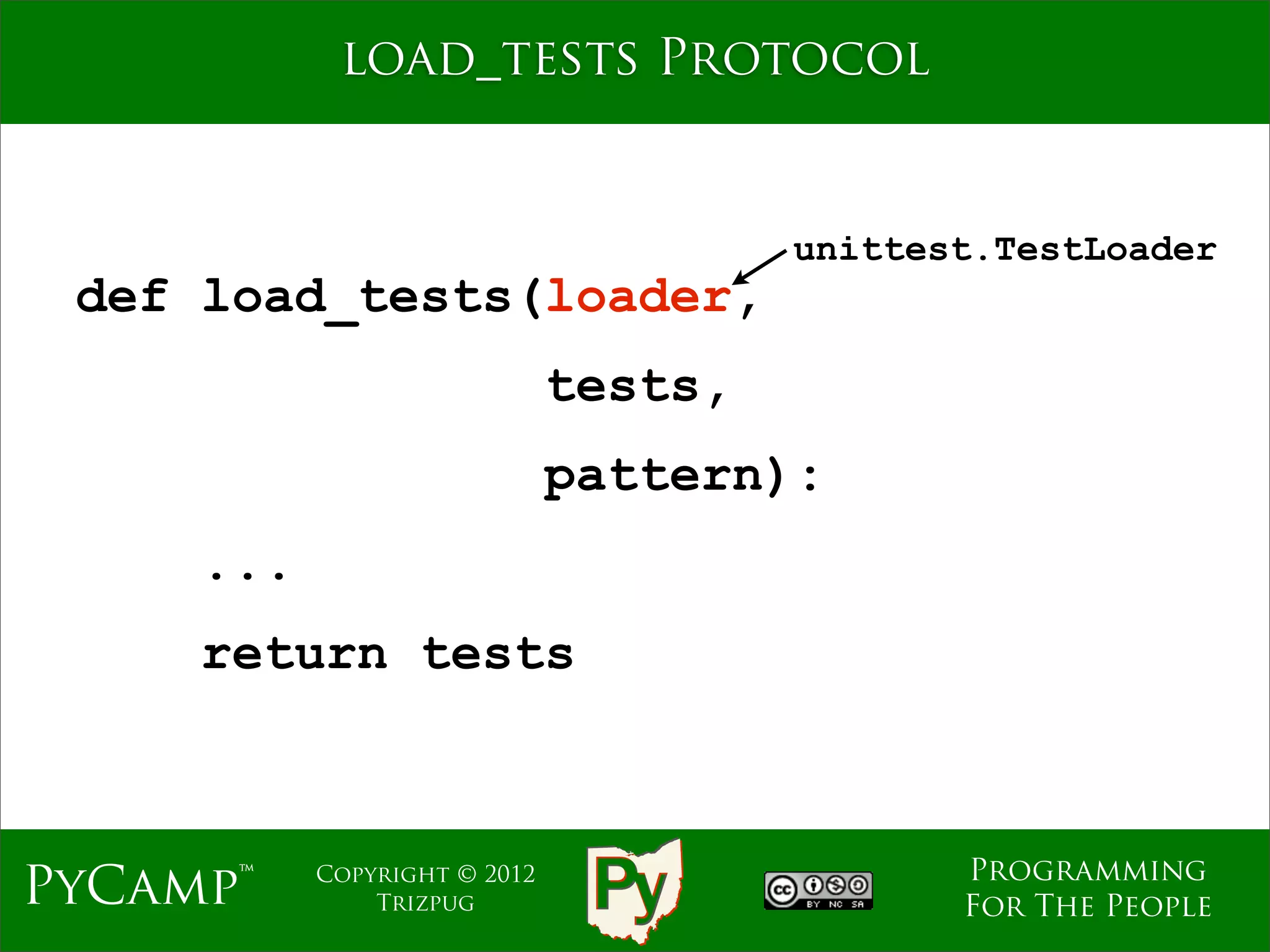 load_tests Protocol


                                       unittest.TestLoader
 def load_tests(loader,
                              tests,
                              pattern):
     ...
     return tests



                                              Programming
PyCamp™    Copyright © 2012
               Trizpug                        For The People
 