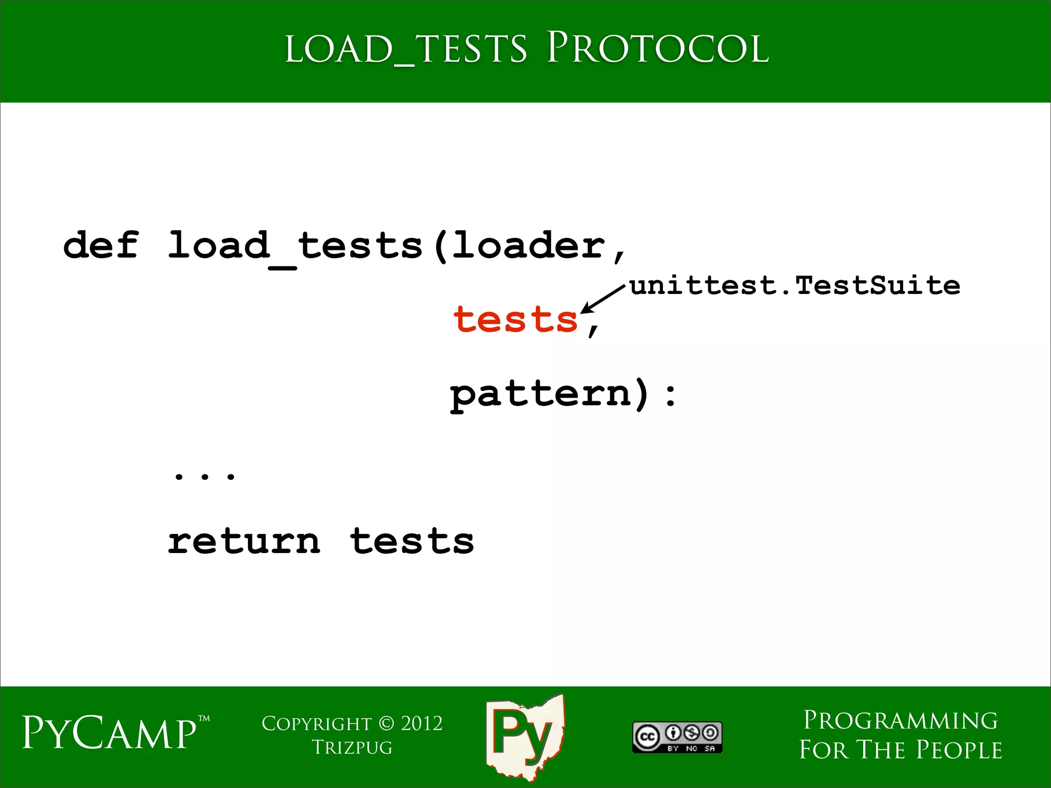 load_tests Protocol



 def load_tests(loader,
                                       unittest.TestSuite
                              tests,
                              pattern):
     ...
     return tests



                                                Programming
PyCamp™    Copyright © 2012
               Trizpug                          For The People
 