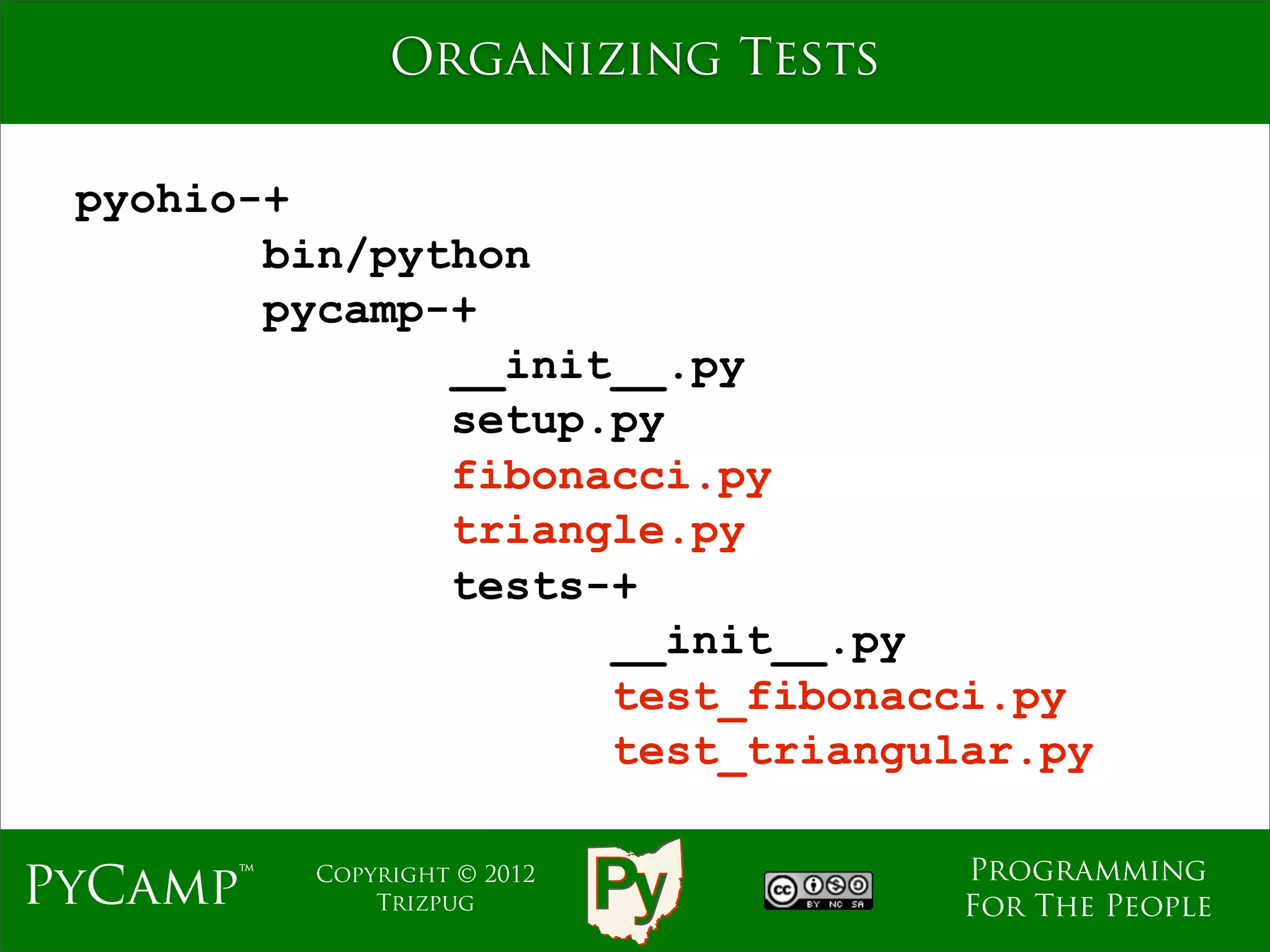 Organizing Tests

 pyohio-+
        bin/python
        pycamp-+
               __init__.py
               setup.py
               fibonacci.py
               triangle.py
               tests-+
                     __init__.py
                     test_fibonacci.py
                     test_triangular.py

                                  Programming
PyCamp™   Copyright © 2012
              Trizpug             For The People
 