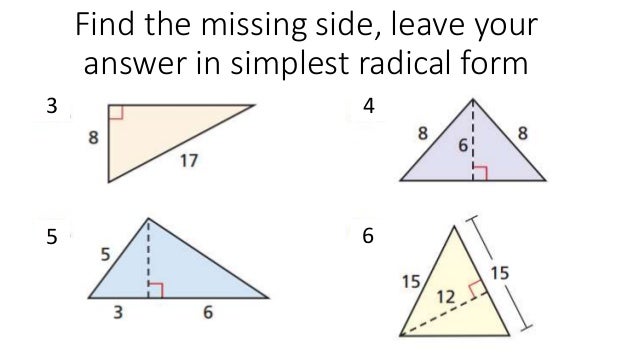 pytha drill into lines of concurrency find the length of the missing side leave your answer in simplest radical form