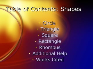 Table of Contents: Shapes Circle  Triangle Square Rectangle Rhombus Additional Help Works Cited 