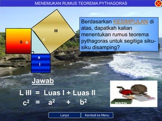 MENEMUKAN RUMUS TEOREMA PYTHAGORAS



                               Berdasarkan KESIMPULAN di
                III
                               atas, dapatkah kalian
                               menentukan rumus teorema
            c
II b                           pythagoras untuk segitiga siku-
                               siku disamping?
        a
        I



       Jawab
L III = Luas I + Luas II
 c2 = a2       + b2
                      Lanjut    Kembali ke Menu
 