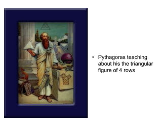 • Pythagoras teaching
about his the triangular
figure of 4 rows
 