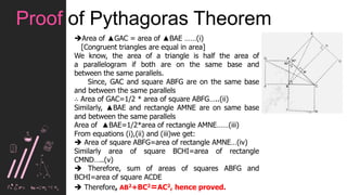 Simple PowerPoint
Presentation
Simple PowerPoint
Presentation
Simple PowerPoint
Presentation
Proof of Pythagoras Theorem
Area of ▲GAC = area of ▲BAE ……(i)
[Congruent triangles are equal in area]
We know, the area of a triangle is half the area of
a parallelogram if both are on the same base and
between the same parallels.
Since, GAC and square ABFG are on the same base
and between the same parallels
∴ Area of GAC=1/2 * area of square ABFG…..(ii)
Similarly, ▲BAE and rectangle AMNE are on same base
and between the same parallels
Area of ▲BAE=1/2*area of rectangle AMNE……(iii)
From equations (i),(ii) and (iii)we get:
 Area of square ABFG=area of rectangle AMNE…(iv)
Similarly area of square BCHI=area of rectangle
CMND…..(v)
 Therefore, sum of areas of squares ABFG and
BCHI=area of square ACDE
 Therefore, AB2+BC2=AC2, hence proved.
 