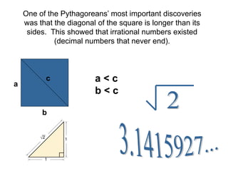 One of the Pythagoreans’ most important discoveries
was that the diagonal of the square is longer than its
sides. This showed that irrational numbers existed
(decimal numbers that never end).
a
b
c a < c
b < c
 