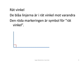 Rät vinkel
De blåa linjerna är i rät vinkel mot varandra
Den röda markeringen är symbol för ”rät
  vinkel”.




                 Inger Bäckström, Burträsk      9
 