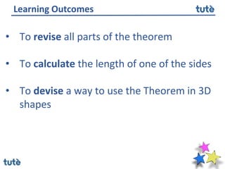 • To revise all parts of the theorem
• To calculate the length of one of the sides
• To devise a way to use the Theorem in 3D
shapes
Learning Outcomes
 
