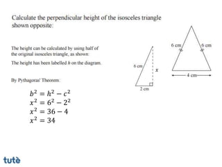 𝑏2 = ℎ2 − 𝑐2
𝑥2 = 62 − 22
𝑥2 = 36 − 4
𝑥2 = 34
𝑥
 