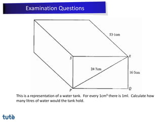 This is a representation of a water tank. For every 1cm³ there is 1ml. Calculate how
many litres of water would the tank hold.
Examination Questions
 