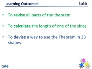 Learning Outcomes
• To revise all parts of the theorem
• To calculate the length of one of the sides
• To devise a way to use the Theorem in 3D
shapes
 