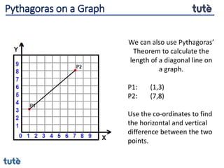 We can also use Pythagoras’
Theorem to calculate the
length of a diagonal line on
a graph.
P1: (1,3)
P2: (7,8)
Use the co-ordinates to find
the horizontal and vertical
difference between the two
points.
Pythagoras on a Graph
 