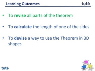 Learning Outcomes
• To revise all parts of the theorem
• To calculate the length of one of the sides
• To devise a way to use the Theorem in 3D
shapes
 