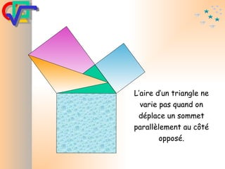L’aire d’un triangle ne varie pas quand on déplace un sommet parallèlement au côté opposé. 