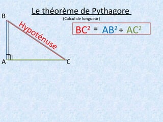 Le théorème de Pythagore  (Calcul de longueur) A B C BC 2   Hypoténuse AB 2   AC 2 = + 