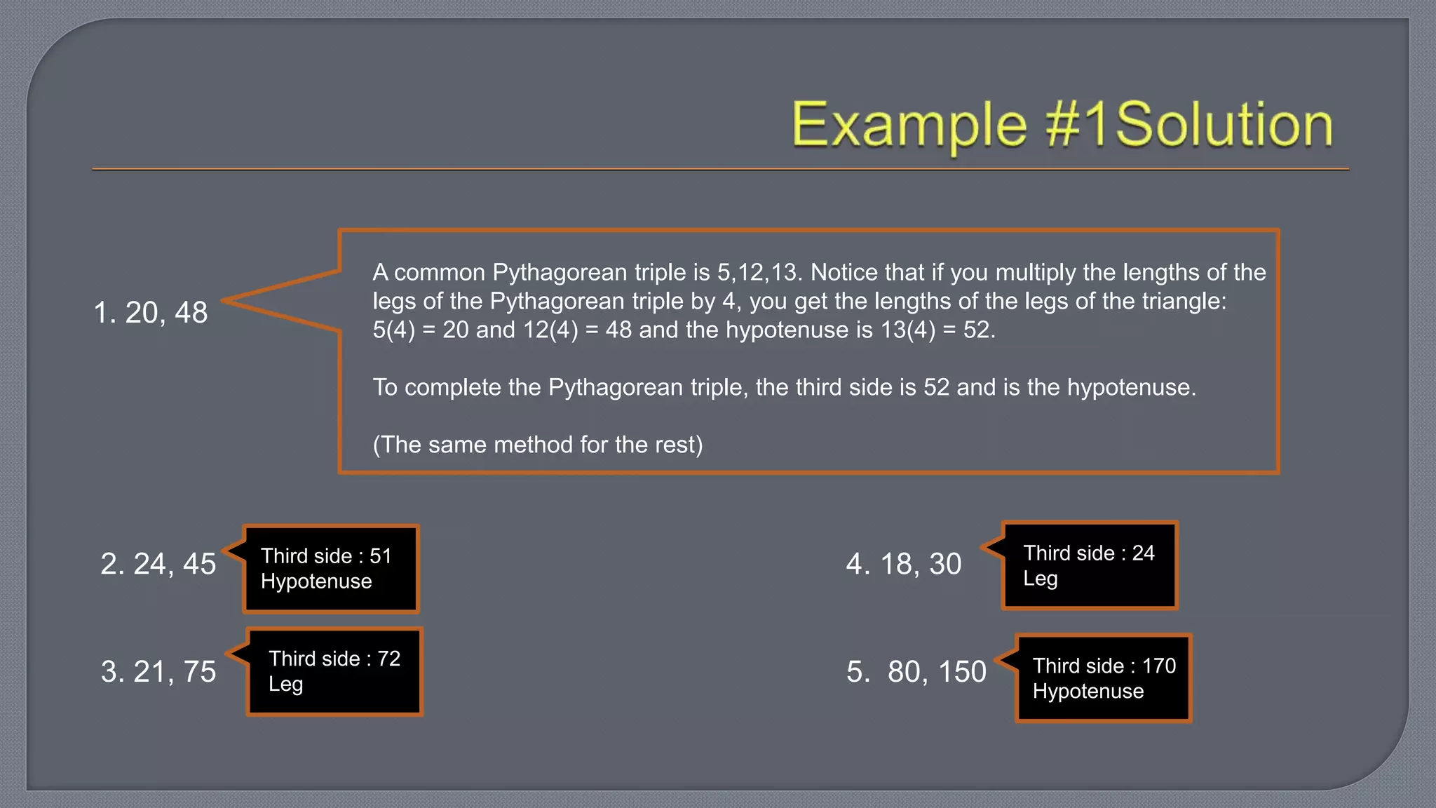 1. 20, 48
2. 24, 45 4. 18, 30
3. 21, 75 5. 80, 150
A common Pythagorean triple is 5,12,13. Notice that if you multiply the lengths of the
legs of the Pythagorean triple by 4, you get the lengths of the legs of the triangle:
5(4) = 20 and 12(4) = 48 and the hypotenuse is 13(4) = 52.
To complete the Pythagorean triple, the third side is 52 and is the hypotenuse.
(The same method for the rest)
Third side : 51
Hypotenuse
Third side : 72
Leg
Third side : 170
Hypotenuse
Third side : 24
Leg
 