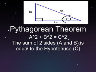 Pythagorean Theorem A^2 + B^2 = C^2 The sum of 2 sides (A and B) is equal to the Hypotenuse (C) 