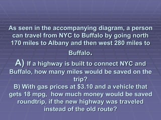 As seen in the accompanying diagram, a person
can travel from NYC to Buffalo by going north
170 miles to Albany and then west 280 miles to
Buffalo.
A) If a highway is built to connect NYC and
Buffalo, how many miles would be saved on the
trip?
B) With gas prices at $3.10 and a vehicle that
gets 18 mpg, how much money would be saved
roundtrip, if the new highway was traveled
instead of the old route?
 