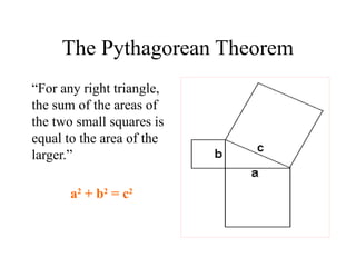 The Pythagorean Theorem
“For any right triangle,
the sum of the areas of
the two small squares is
equal to the area of the
larger.”
a2
+ b2
= c2
 