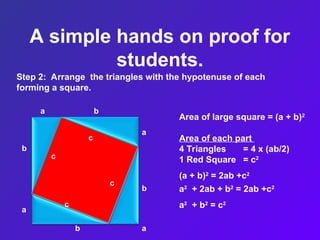 A simple hands on proof for
students.
Step 2: Arrange the triangles with the hypotenuse of each
forming a square.
a
b
c
b
b
a
a
b
c
c
c
a
Area of large square = (a + b)2
Area of each part
4 Triangles = 4 x (ab/2)
1 Red Square = c2
(a + b)2
= 2ab +c2
a2
+ 2ab + b2
= 2ab +c2
a2
+ b2
= c2
 