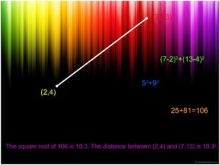 (2,4) (7,13) (7-2) 2 +(13-4) 2 5 2 +9 2 25+81=106 The square root of 106 is 10.3. The distance between (2,4) and (7,13) is 10.3 2 .