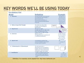 KEY WORDS WE’LL BE USING TODAY
Definitions for vocabulary words adapted from: http://www.mathwords.com
 