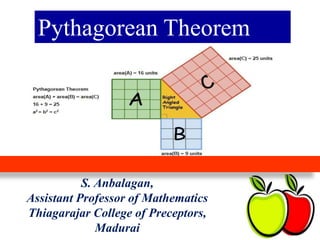 Pythagorean Theorem
S. Anbalagan,
Assistant Professor of Mathematics
Thiagarajar College of Preceptors,
Madurai
 