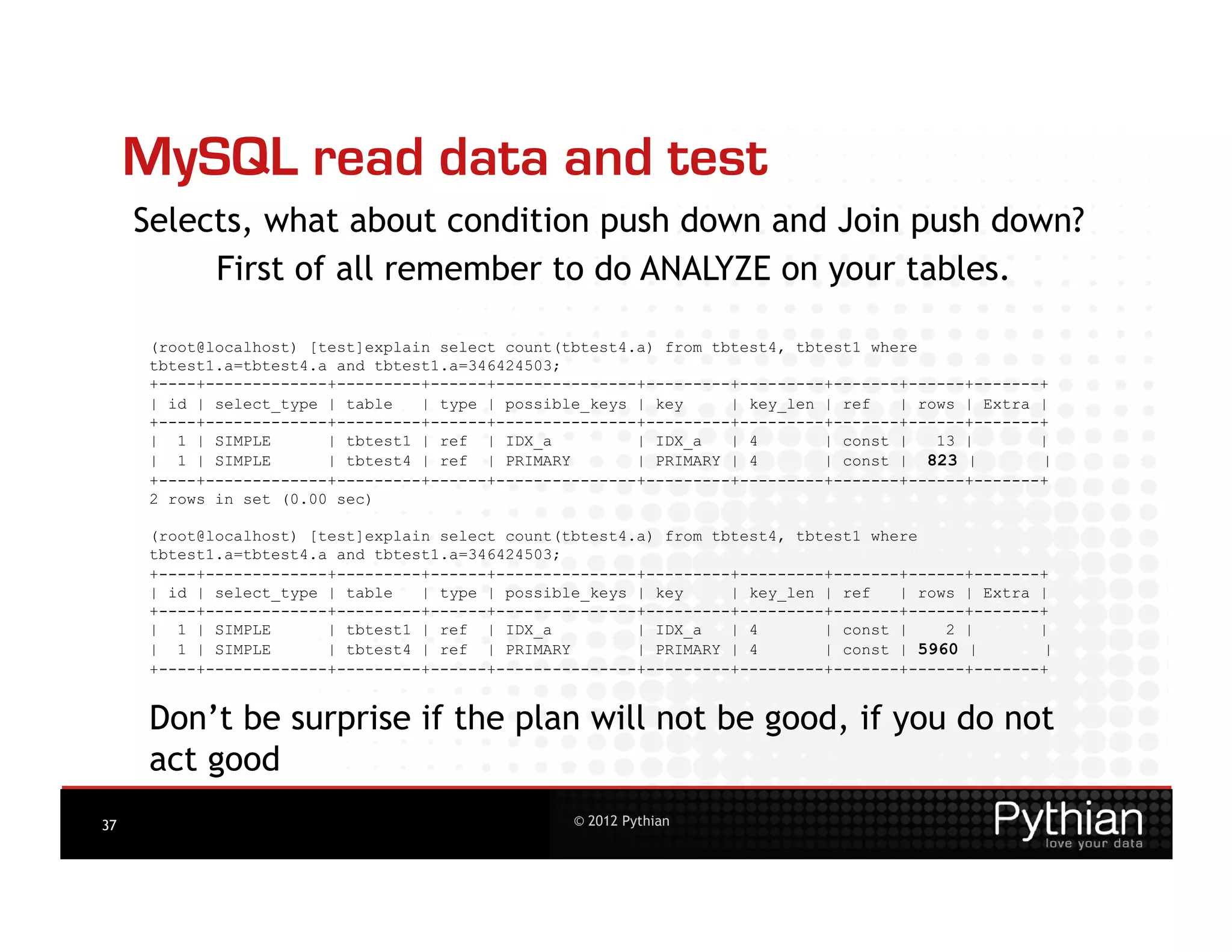 MySQL read data and test
     Selects, what about condition push down and Join push down?
          First of all remember to do ANALYZE on your tables.

      (root@localhost) [test]explain select count(tbtest4.a) from tbtest4, tbtest1 where
      tbtest1.a=tbtest4.a and tbtest1.a=346424503;
      +----+-------------+---------+------+---------------+---------+---------+-------+------+-------+
      | id | select_type | table   | type | possible_keys | key     | key_len | ref   | rows | Extra |
      +----+-------------+---------+------+---------------+---------+---------+-------+------+-------+
      | 1 | SIMPLE       | tbtest1 | ref | IDX_a          | IDX_a   | 4       | const |   13 |       |
      | 1 | SIMPLE       | tbtest4 | ref | PRIMARY        | PRIMARY | 4       | const | 823 |        |
      +----+-------------+---------+------+---------------+---------+---------+-------+------+-------+
      2 rows in set (0.00 sec)

      (root@localhost) [test]explain select count(tbtest4.a) from tbtest4, tbtest1 where
      tbtest1.a=tbtest4.a and tbtest1.a=346424503;
      +----+-------------+---------+------+---------------+---------+---------+-------+------+-------+
      | id | select_type | table   | type | possible_keys | key     | key_len | ref   | rows | Extra |
      +----+-------------+---------+------+---------------+---------+---------+-------+------+-------+
      | 1 | SIMPLE       | tbtest1 | ref | IDX_a          | IDX_a   | 4       | const |    2 |       |
      | 1 | SIMPLE       | tbtest4 | ref | PRIMARY        | PRIMARY | 4       | const | 5960 |       |
      +----+-------------+---------+------+---------------+---------+---------+-------+------+-------+


      Don’t be surprise if the plan will not be good, if you do not
      act good
37                                                 © 2012 Pythian
 