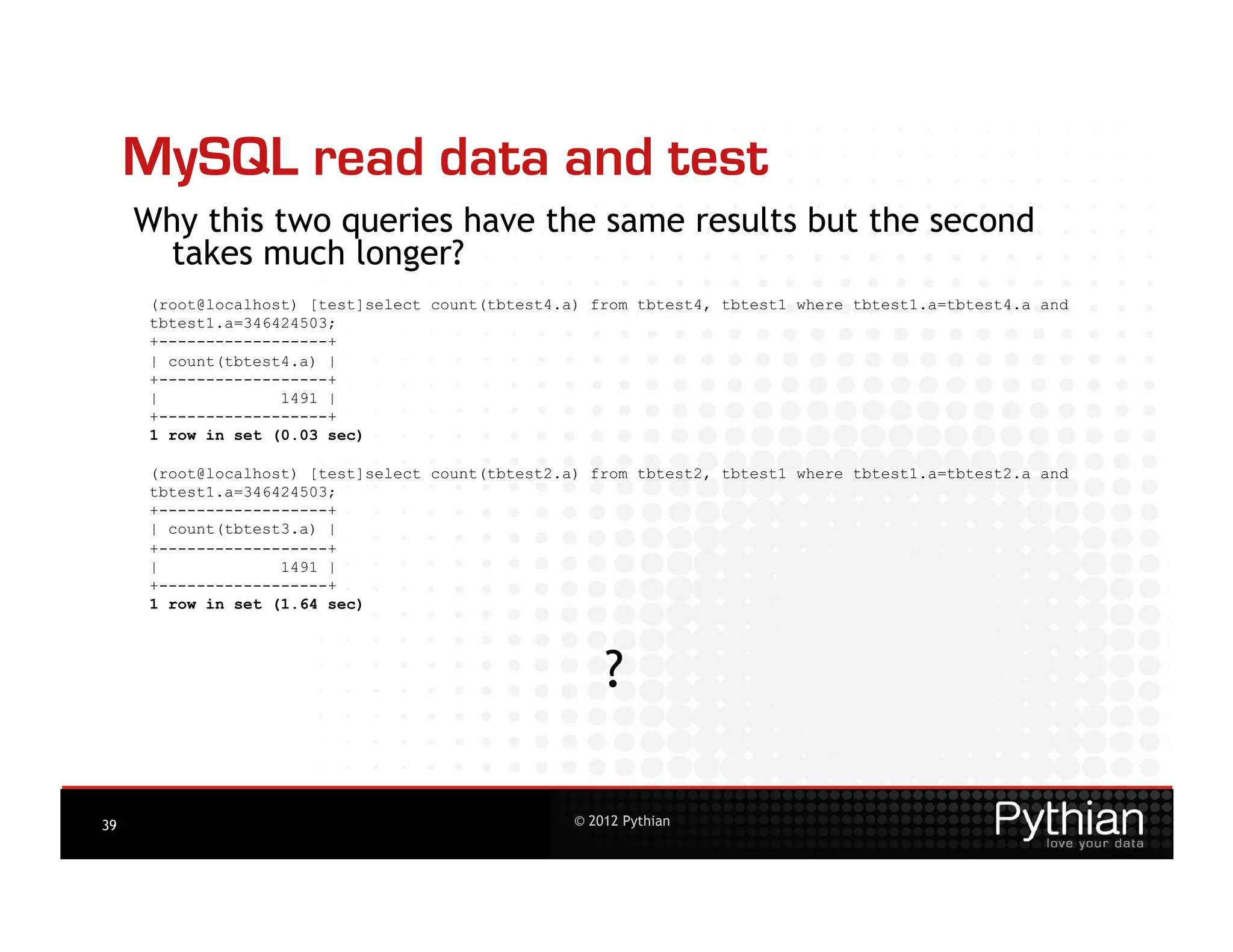 MySQL read data and test
     Why this two queries have the same results but the second
      takes much longer?
      (root@localhost) [test]select count(tbtest4.a) from tbtest4, tbtest1 where tbtest1.a=tbtest4.a and
      tbtest1.a=346424503;
      +------------------+
      | count(tbtest4.a) |
      +------------------+
      |             1491 |
      +------------------+
      1 row in set (0.03 sec)

      (root@localhost) [test]select count(tbtest2.a) from tbtest2, tbtest1 where tbtest1.a=tbtest2.a and
      tbtest1.a=346424503;
      +------------------+
      | count(tbtest3.a) |
      +------------------+
      |             1491 |
      +------------------+
      1 row in set (1.64 sec)




                                                       ?

39                                                 © 2012 Pythian
 