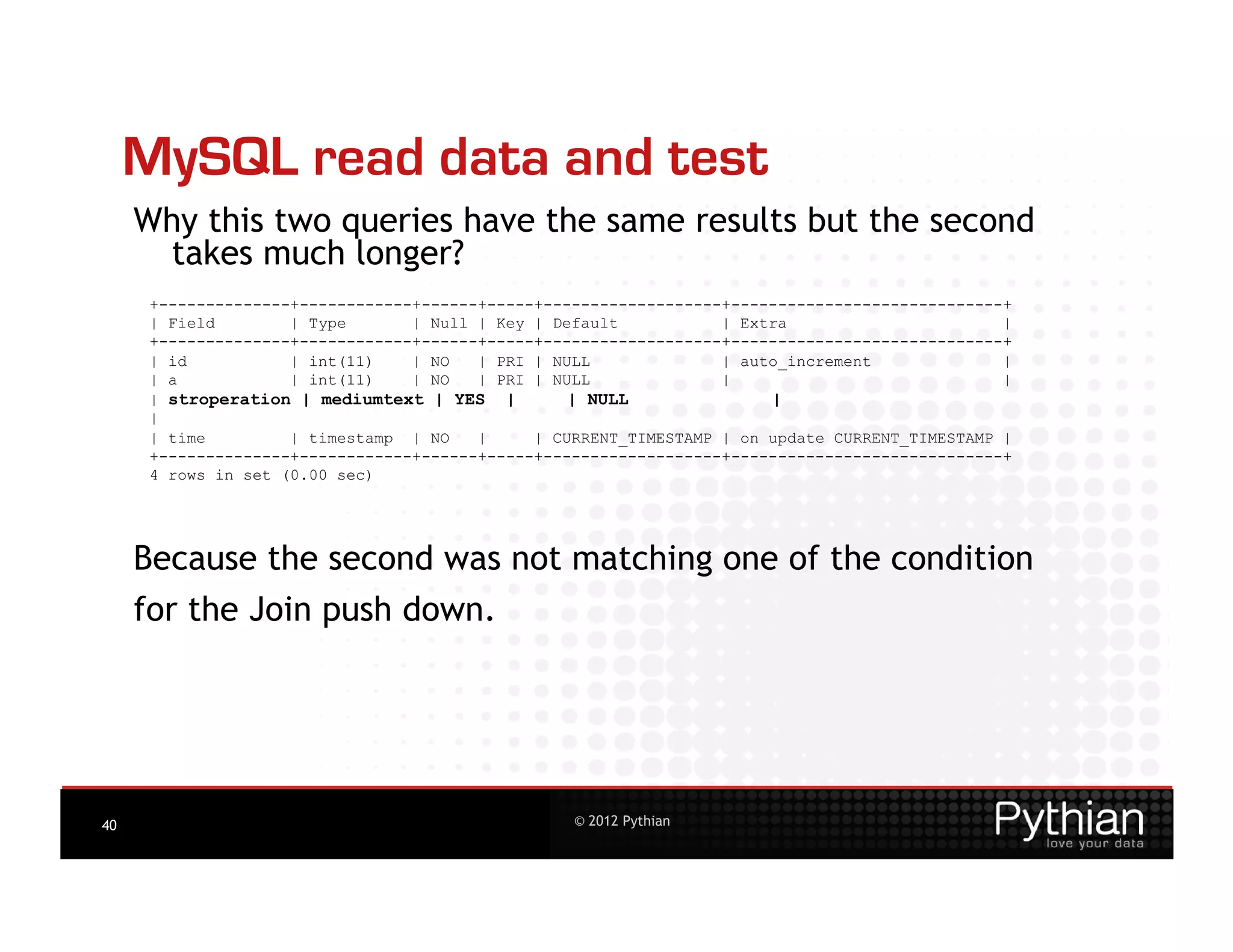 MySQL read data and test
     Why this two queries have the same results but the second
      takes much longer?
      +--------------+------------+------+-----+-------------------+-----------------------------+
      | Field        | Type       | Null | Key | Default           | Extra                       |
      +--------------+------------+------+-----+-------------------+-----------------------------+
      | id           | int(11)    | NO   | PRI | NULL              | auto_increment              |
      | a            | int(11)    | NO   | PRI | NULL              |                             |
      | stroperation | mediumtext | YES |          | NULL               |
      |
      | time         | timestamp | NO    |     | CURRENT_TIMESTAMP | on update CURRENT_TIMESTAMP |
      +--------------+------------+------+-----+-------------------+-----------------------------+
      4 rows in set (0.00 sec)




     Because the second was not matching one of the condition
     for the Join push down.




40                                                 © 2012 Pythian
 