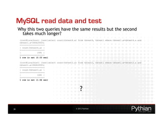MySQL read data and test
     Why this two queries have the same results but the second
      takes much longer?
      (root@localhost) [test]select count(tbtest4.a) from tbtest4, tbtest1 where tbtest1.a=tbtest4.a and
      tbtest1.a=346424503;
      +------------------+
      | count(tbtest4.a) |
      +------------------+
      |             1491 |
      +------------------+
      1 row in set (0.03 sec)

      (root@localhost) [test]select count(tbtest2.a) from tbtest2, tbtest1 where tbtest1.a=tbtest2.a and
      tbtest1.a=346424503;
      +------------------+
      | count(tbtest3.a) |
      +------------------+
      |             1491 |
      +------------------+
      1 row in set (1.64 sec)




                                                       ?

39                                                 © 2012 Pythian
 