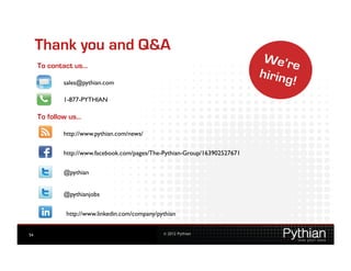 Thank you and Q&A
     To contact us…

            sales@pythian.com	


            1-877-PYTHIAN	


     To follow us…

            http://www.pythian.com/news/	


            http://www.facebook.com/pages/The-Pythian-Group/163902527671	



            @pythian	



            @pythianjobs 	


             http://www.linkedin.com/company/pythian	



54                                               © 2012 Pythian
 