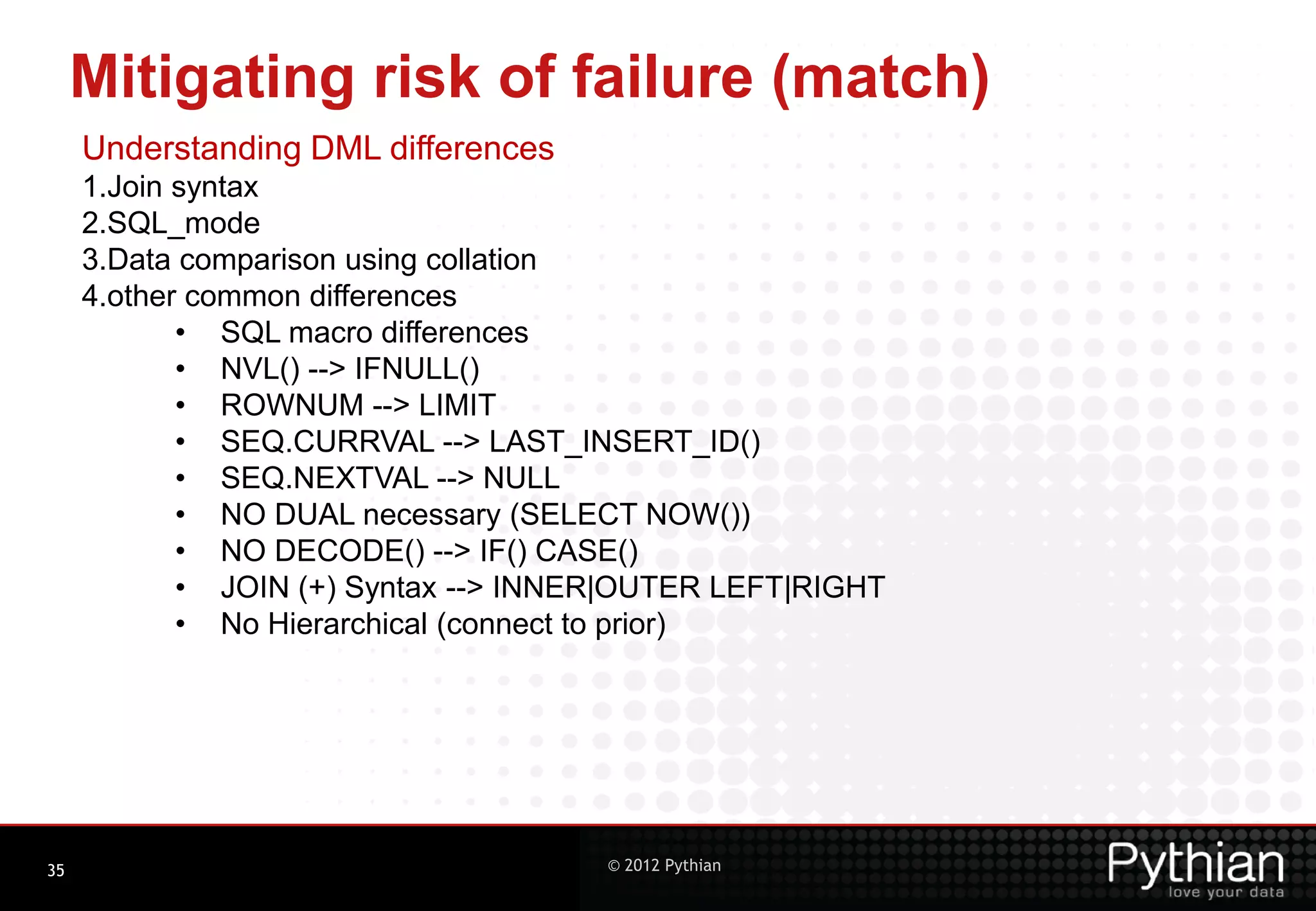 Mitigating risk of failure (match) Understanding DML differences 1.Join syntax 2.SQL_mode 3.Data comparison using collation 4.other common differences • SQL macro differences • NVL() --> IFNULL() • ROWNUM --> LIMIT • SEQ.CURRVAL --> LAST_INSERT_ID() • SEQ.NEXTVAL --> NULL • NO DUAL necessary (SELECT NOW()) • NO DECODE() --> IF() CASE() • JOIN (+) Syntax --> INNER|OUTER LEFT|RIGHT • No Hierarchical (connect to prior) 35 © 2012 Pythian 