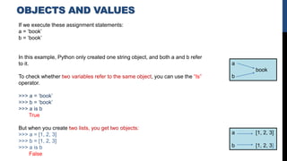 If we execute these assignment statements:
a = ‘book’
b = ‘book’
In this example, Python only created one string object, and both a and b refer
to it.
To check whether two variables refer to the same object, you can use the “Is”
operator.
>>> a = ‘book’
>>> b = ‘book’
>>> a is b
True
But when you create two lists, you get two objects:
>>> a = [1, 2, 3]
>>> b = [1, 2, 3]
>>> a is b
False
a
book
b
a [1, 2, 3]
b [1, 2, 3]
OBJECTS AND VALUES
 