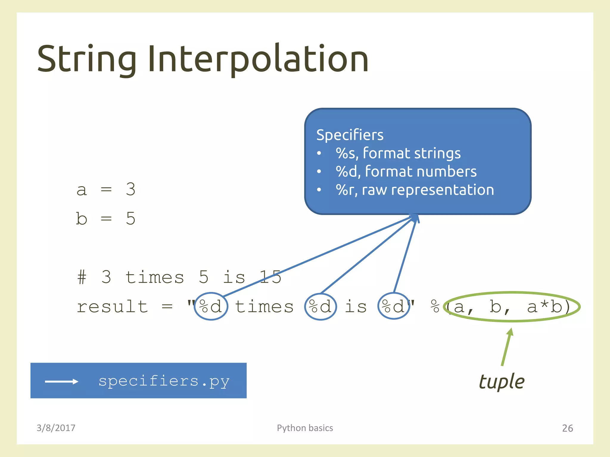 String Interpolation
3/8/2017 Python basics 26
a = 3
b = 5
# 3 times 5 is 15
result = "%d times %d is %d" %(a, b, a*b)
Specifiers
• %s, format strings
• %d, format numbers
• %r, raw representation
tuplespecifiers.py
 