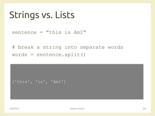 Strings vs. Lists
3/8/2017 Python basics 54
sentence = "this is AmI"
# break a string into separate words
words = sentence.split()
['this', 'is', 'AmI']
 