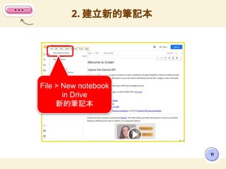 2. 建立新的筆記本
11
File > New notebook
in Drive
新的筆記本
 