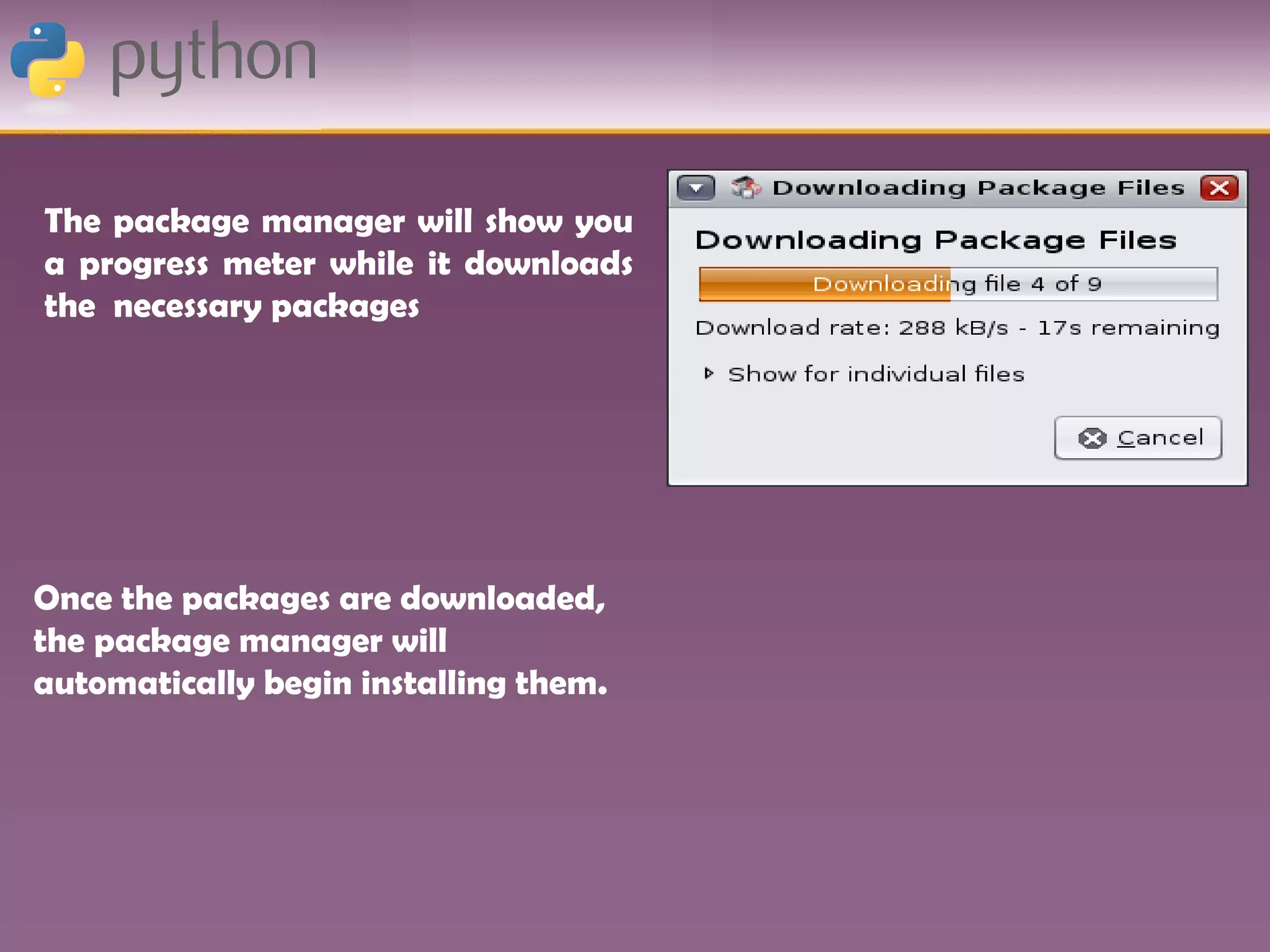 The package manager will show you
a progress meter while it downloads
the necessary packages




Once the packages are downloaded,
the package manager will
automatically begin installing them.
 