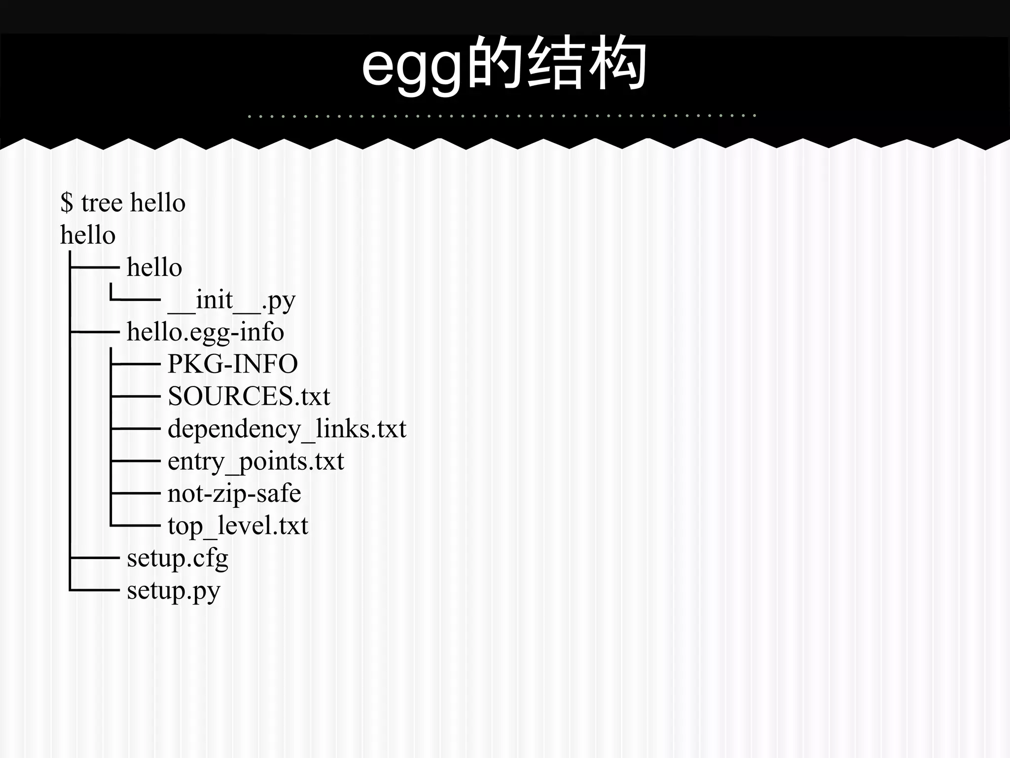 egg的结构

$ tree hello
hello
├── hello
│ └── __init__.py
├── hello.egg-info
│ ├── PKG-INFO
│ ├── SOURCES.txt
│ ├── dependency_links.txt
│ ├── entry_points.txt
│ ├── not-zip-safe
│ └── top_level.txt
├── setup.cfg
└── setup.py
 
