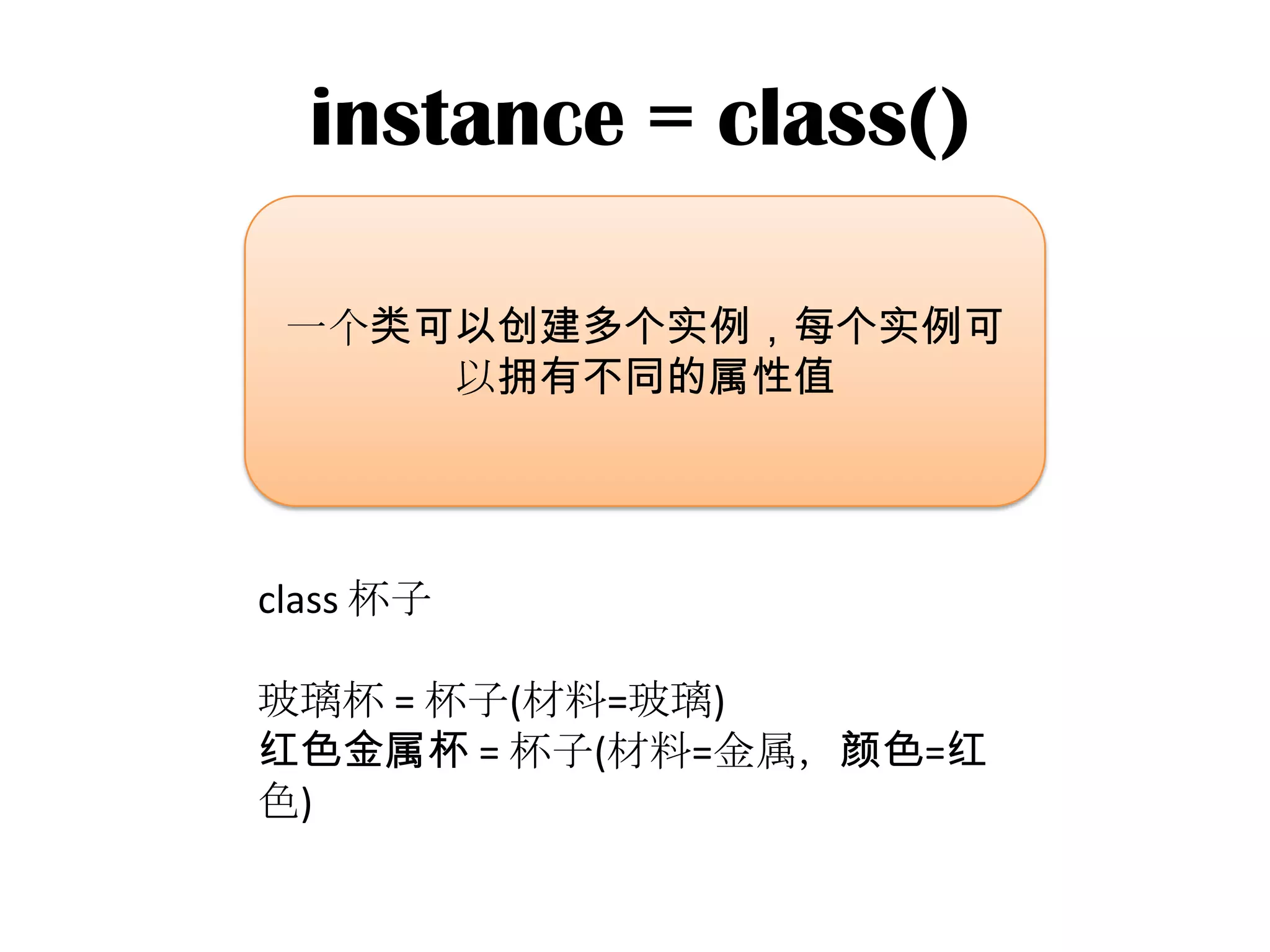 instance = class()

 一个类可以创建多个实例，每个实例可
     以拥有不同的属性值




class 杯子

玻璃杯 = 杯子(材料=玻璃)
红色金属杯 = 杯子(材料=金属，颜色=红
色)
 