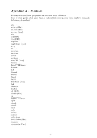 Apˆendice A - M´odulos
Existem outros m´odulos que podem ser anexados `a sua biblioteca.
Caso o leitor queira saber quais fun¸c˜oes cada m´odulo desse possui, basta digitar o comando
help(nome do modulo).
abc
aepack (Mac)
aetools (Mac)
aetypes (Mac)
aifc
al (IRIX)
AL (IRIX)
anydbm
applesingle (Mac)
array
ast
asynchat
asyncore
atexit
audioop
autoGIL (Mac)
base64
BaseHTTPServer
Bastion
bdb
binascii
binhex
bisect
bsddb
buildtools (Mac)
bz2
calendar
Carbon
cd (IRIX)
cfmﬁle (Mac)
cgi
CGIHTTPServer
cgitb
chunk
cmath
cmd
code
codecs
codeop
collections
ColorPicker (Mac)
colorsys
commands (Unix)
25
 