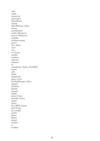md5
mhlib
mimetools
mimetypes
MimeWriter
mimify
MiniAEFrame (Mac)
mmap
moduleﬁnder
msilib (Windows)
msvcrt (Windows)
multiﬁle
multiprocessing
mutex
Nav (Mac)
netrc
new
nis (Unix)
nntplib
numbers
operator
optparse
os
ossaudiodev (Linux, FreeBSD)
parser
pdb
pickle
pickletools
pipes (Unix)
PixMapWrapper (Mac)
pkgutil
platform
plistlib
popen2
poplib
posix (Unix)
posixﬁle (Unix)
pprint
pstats
pty (IRIX, Linux)
pwd (Unix)
py compile
pyclbr
pydoc
Queue
quopri
random
re
readline
28
 