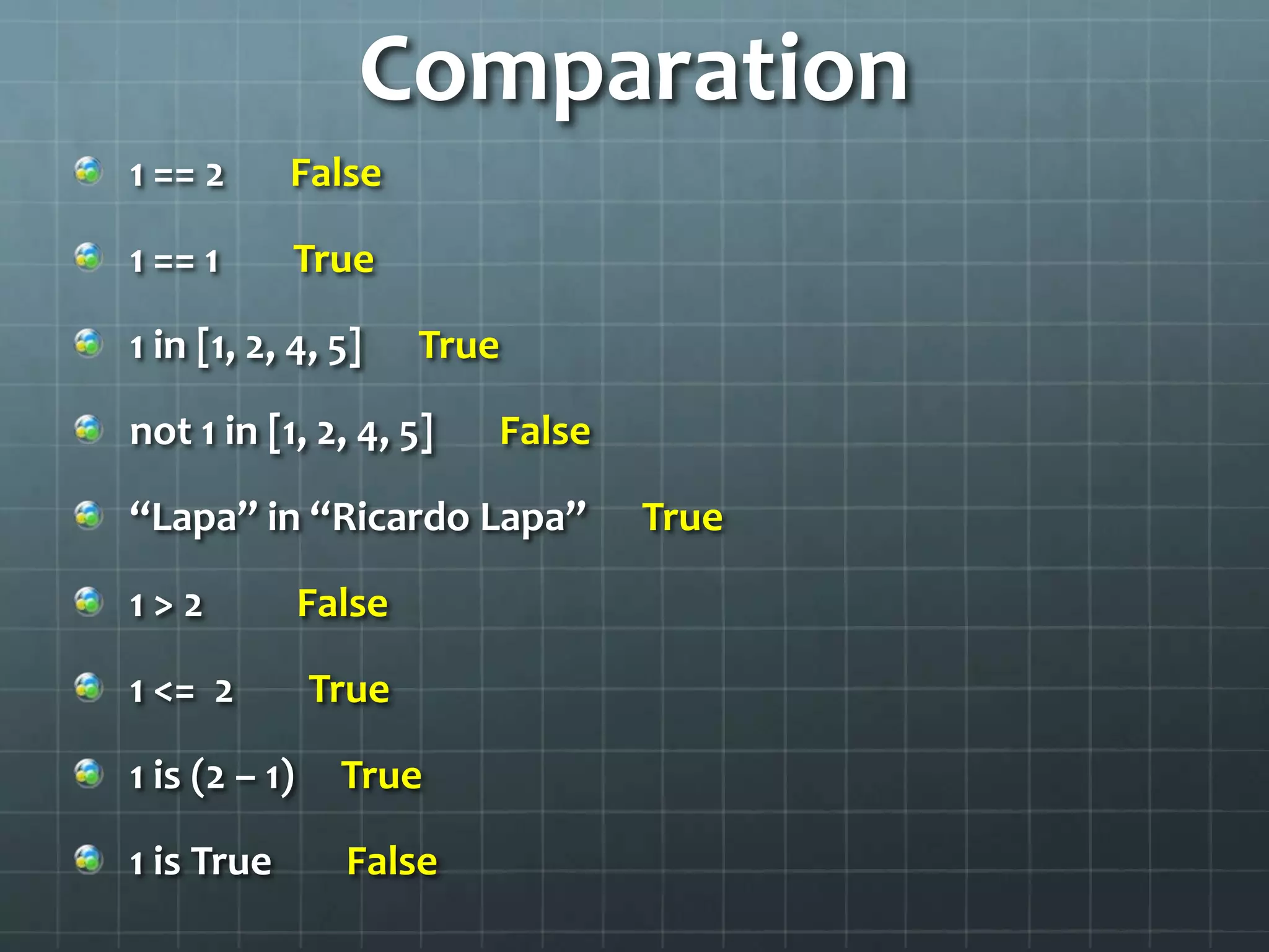 Comparation
1 == 2 False
1 == 1 True
1 in [1, 2, 4, 5] True
not 1 in [1, 2, 4, 5] False
“Lapa” in “Ricardo Lapa” True
1 > 2 False
1 <= 2 True
1 is (2 – 1) True
1 is True False
 